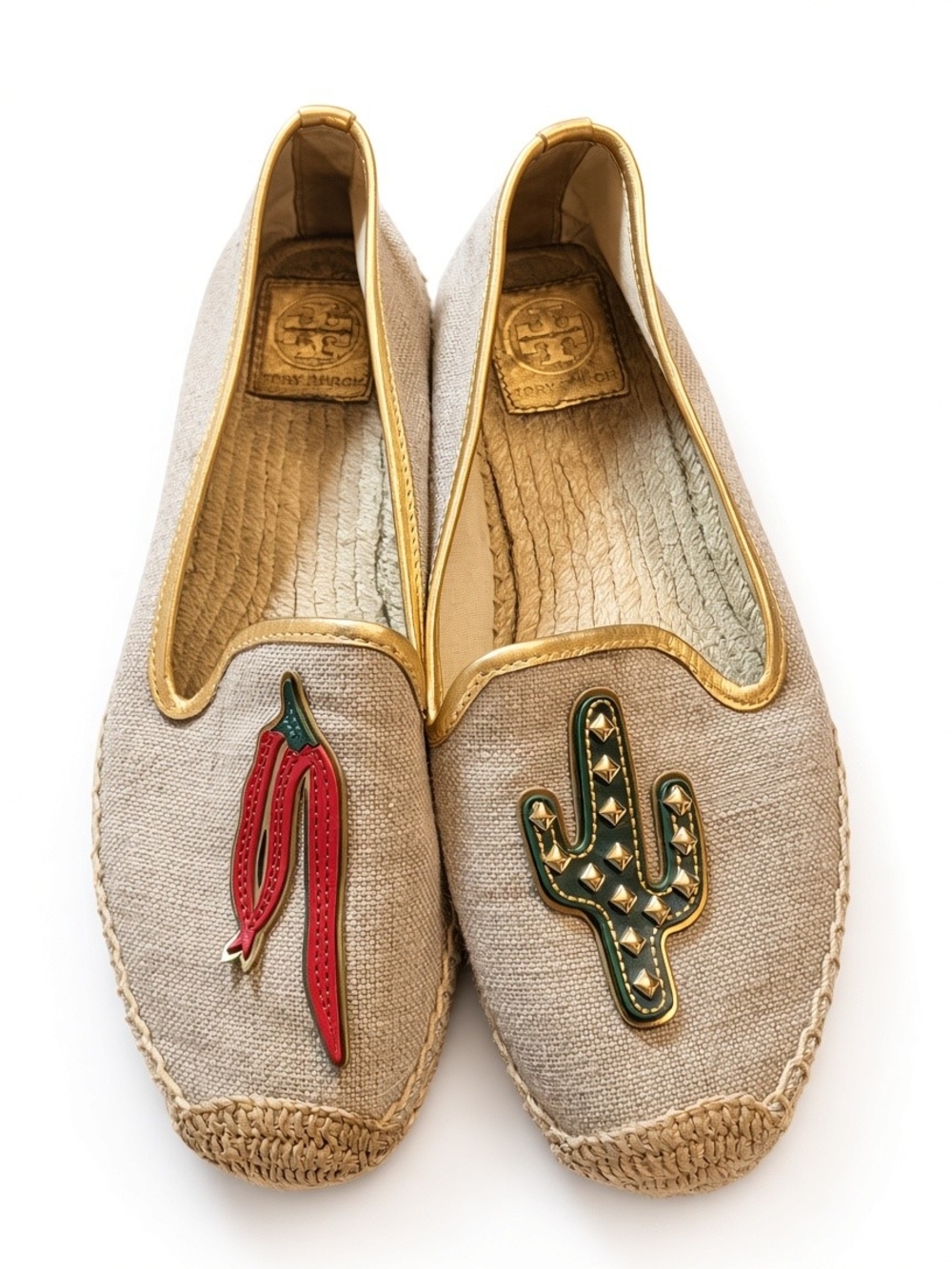Tory Burch Beige Canvas Espadrille Flats with Red Chili & Green Cactus Patches